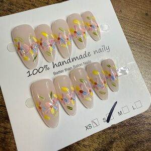 Floral Press-On Nails in Nude with Pastel Flowers
